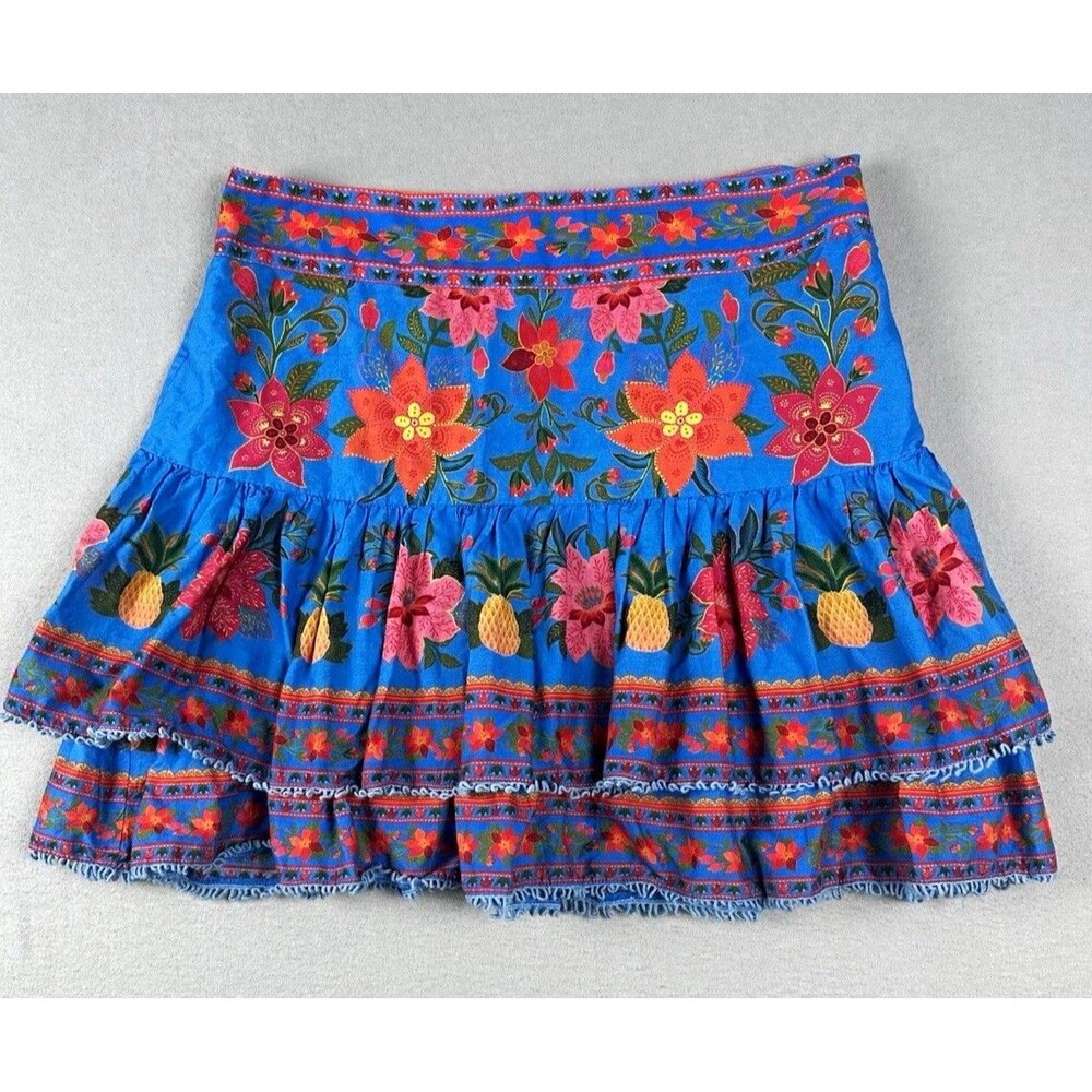 Farm Rio Women’s Blue Tropical Floral Mini Skirt Ruffle Lace Trim Zip Sz L